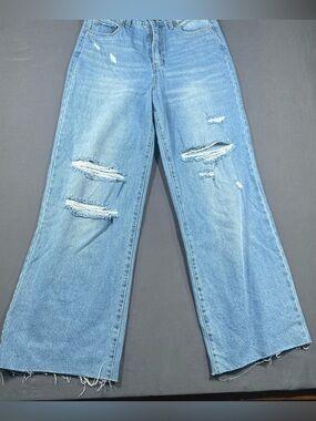 BP Women High Waist Distressed Wide Leg Jeans in Light Wash Blue Size 31 Raw Hem